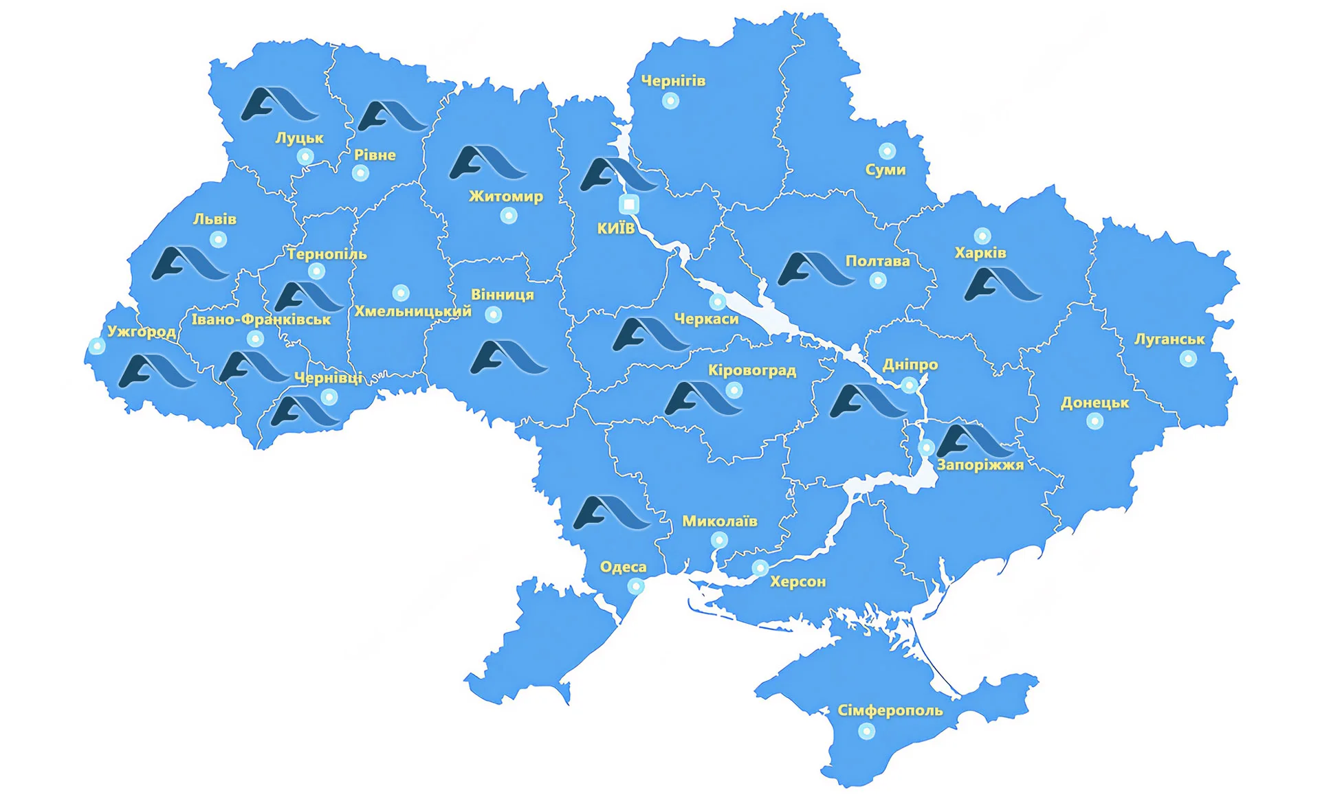 Мапа України з партнерами АРОЛ ПЛЮС в різних областях